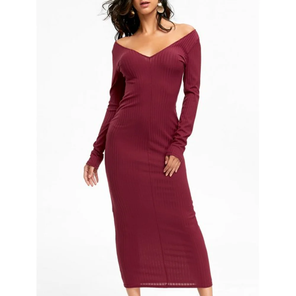 Open Shoulder Ribbed Maxi Bodycon Dress - Wine Red Fansmadedirect