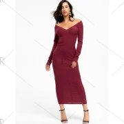 Open Shoulder Ribbed Maxi Bodycon Dress - Wine Red Fansmadedirect