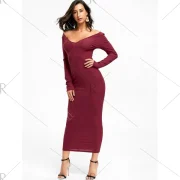Open Shoulder Ribbed Maxi Bodycon Dress - Wine Red Fansmadedirect
