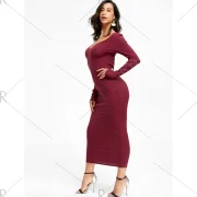 Open Shoulder Ribbed Maxi Bodycon Dress - Wine Red Fansmadedirect