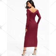 Open Shoulder Ribbed Maxi Bodycon Dress - Wine Red Fansmadedirect