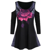 Open Shoulder Rose Print Tunic T Shirt - Black Fansmadedirect