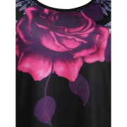 Open Shoulder Rose Print Tunic T Shirt - Black Fansmadedirect
