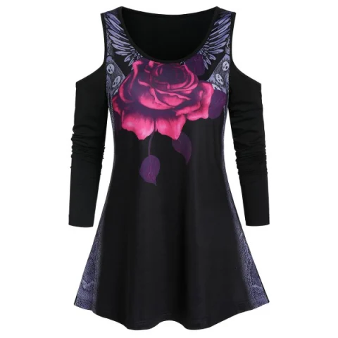 Open Shoulder Rose Print Tunic T Shirt - Black Fansmadedirect