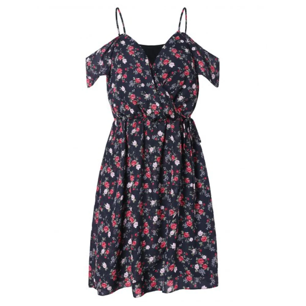 Open Shoulder Tiny Floral Print Dress - Black Fansmadedirect