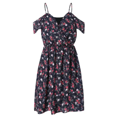 Open Shoulder Tiny Floral Print Dress - Black Fansmadedirect