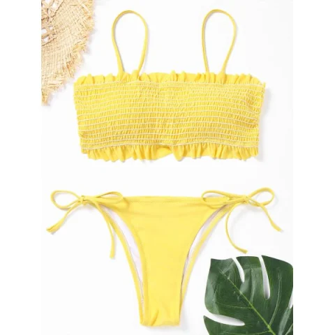 ow Waisted Smocked Frill Trim Bikini Set - Yellow Fansmadedirect