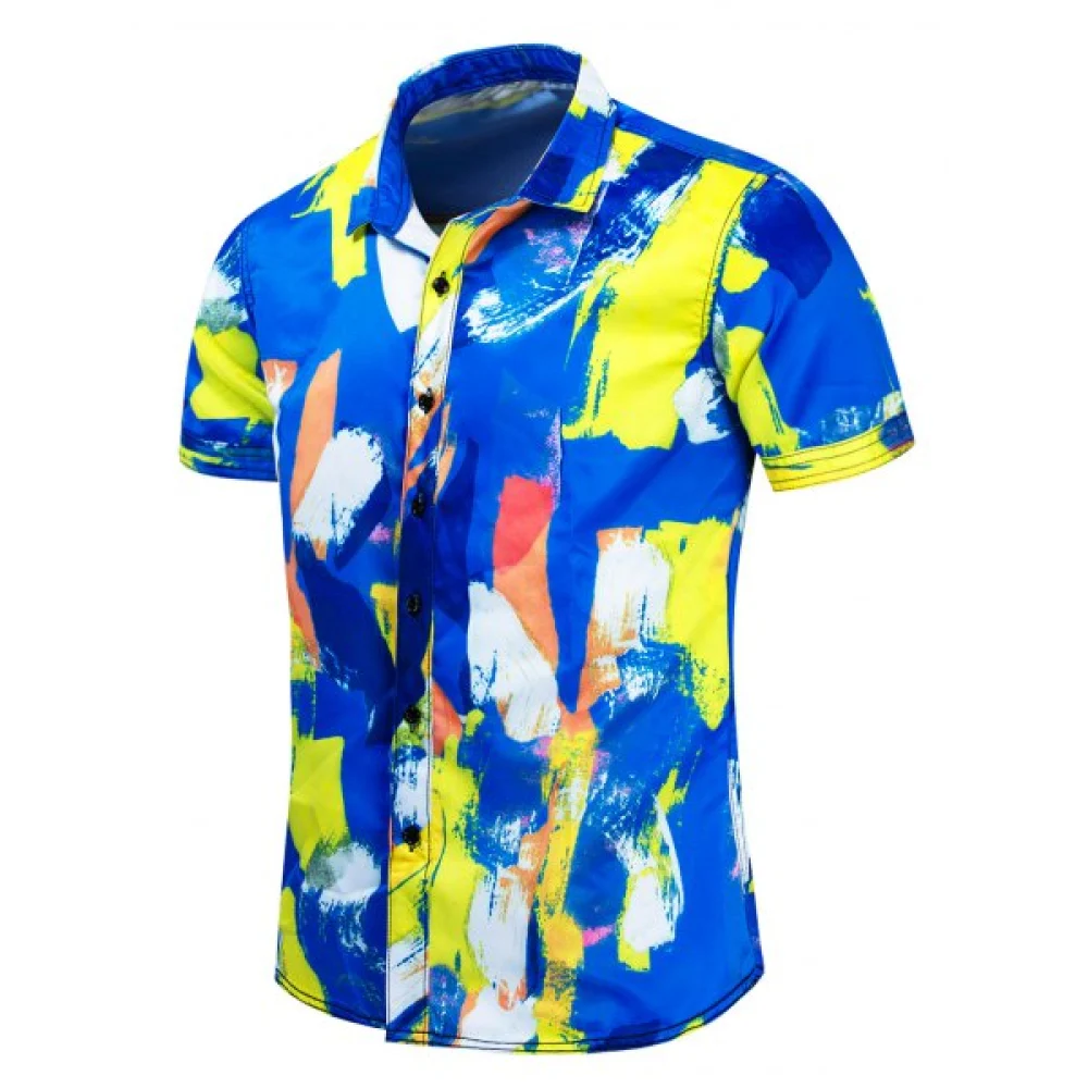 Painting Printed Short Sleeves Shirt - Blue Fansmadedirect