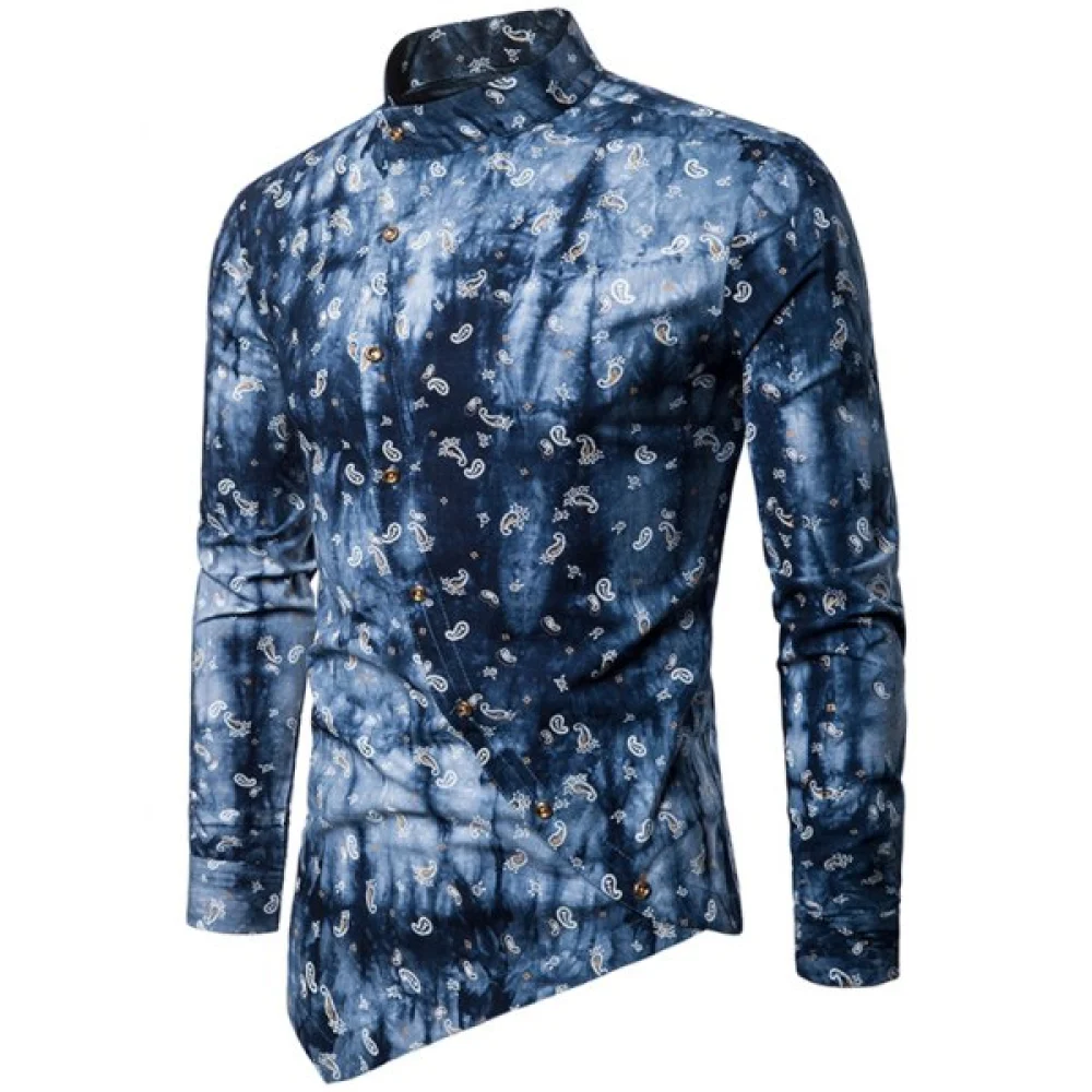 Paisley Print Stand Collar Irregular Button Up Shirt - Deep Blue Fansmadedirect