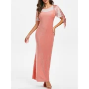 parkly Mesh Insert Fringed Maxi Party Dress - Orange Pink Fansmadedirect