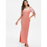 parkly Mesh Insert Fringed Maxi Party Dress - Orange Pink Fansmadedirect