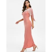 parkly Mesh Insert Fringed Maxi Party Dress - Orange Pink Fansmadedirect