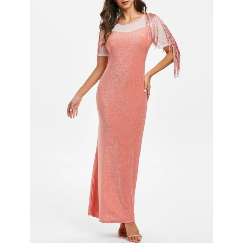 parkly Mesh Insert Fringed Maxi Party Dress - Orange Pink Fansmadedirect