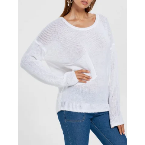 Patch Pocket Drop Shoulder Sweater - White Fansmadedirect