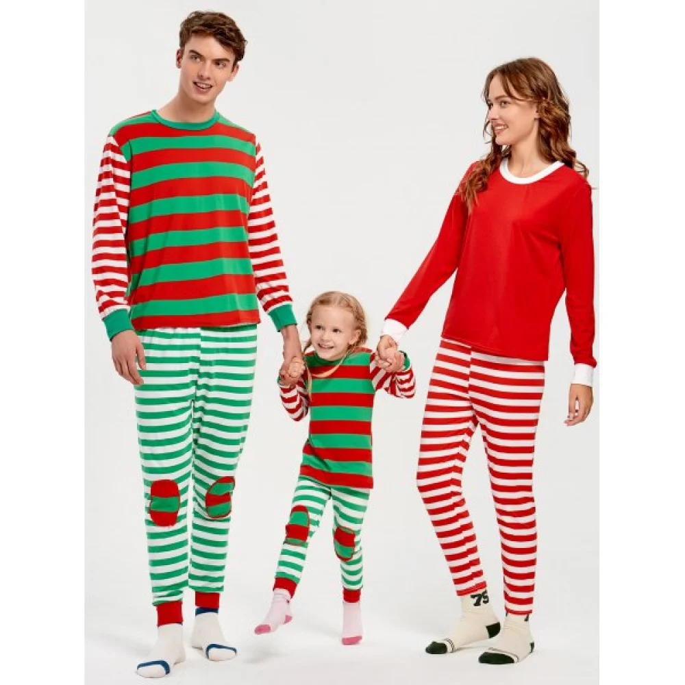 Patched Striped Family Christmas Pajama Set - Red Dad Fansmadedirect