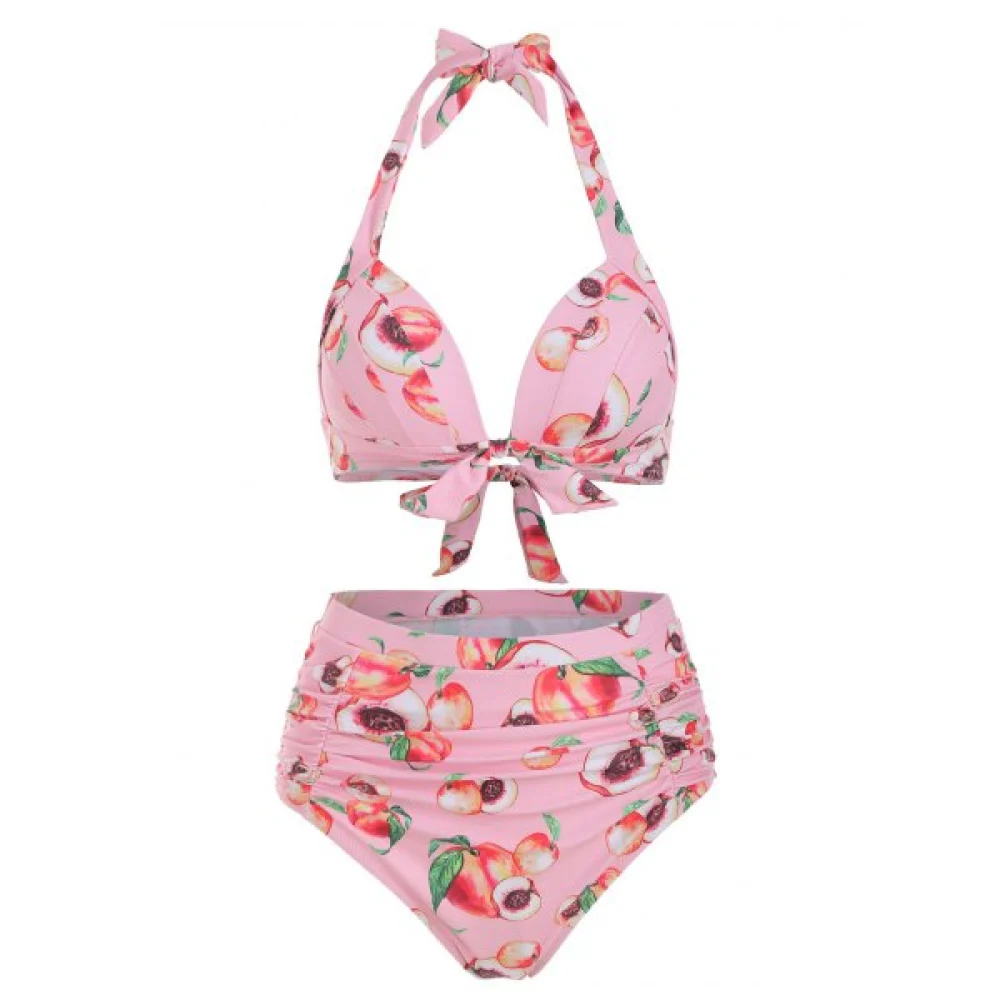 Peach Print Halter Tummy Control Bikini wimwear - Deep Peach Fansmadedirect