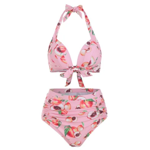 Peach Print Halter Tummy Control Bikini wimwear - Deep Peach Fansmadedirect
