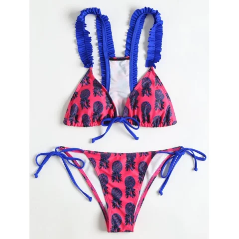 Pineapple Print Frilled Trim Bikini - Rose Red Fansmadedirect