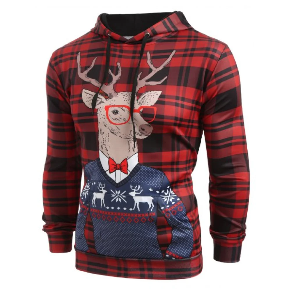 Plaid Christmas Deer Printed Casual Hoodie - Cherry Red Fansmadedirect