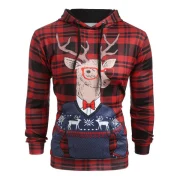 Plaid Christmas Deer Printed Casual Hoodie - Cherry Red Fansmadedirect