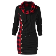 Plaid Cowl Neck Tunic Sweatshirt Dress - Red With Black Fansmadedirect