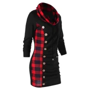 Plaid Cowl Neck Tunic Sweatshirt Dress - Red With Black Fansmadedirect