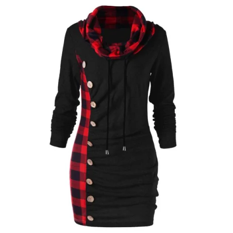 Plaid Cowl Neck Tunic Sweatshirt Dress - Red With Black Fansmadedirect