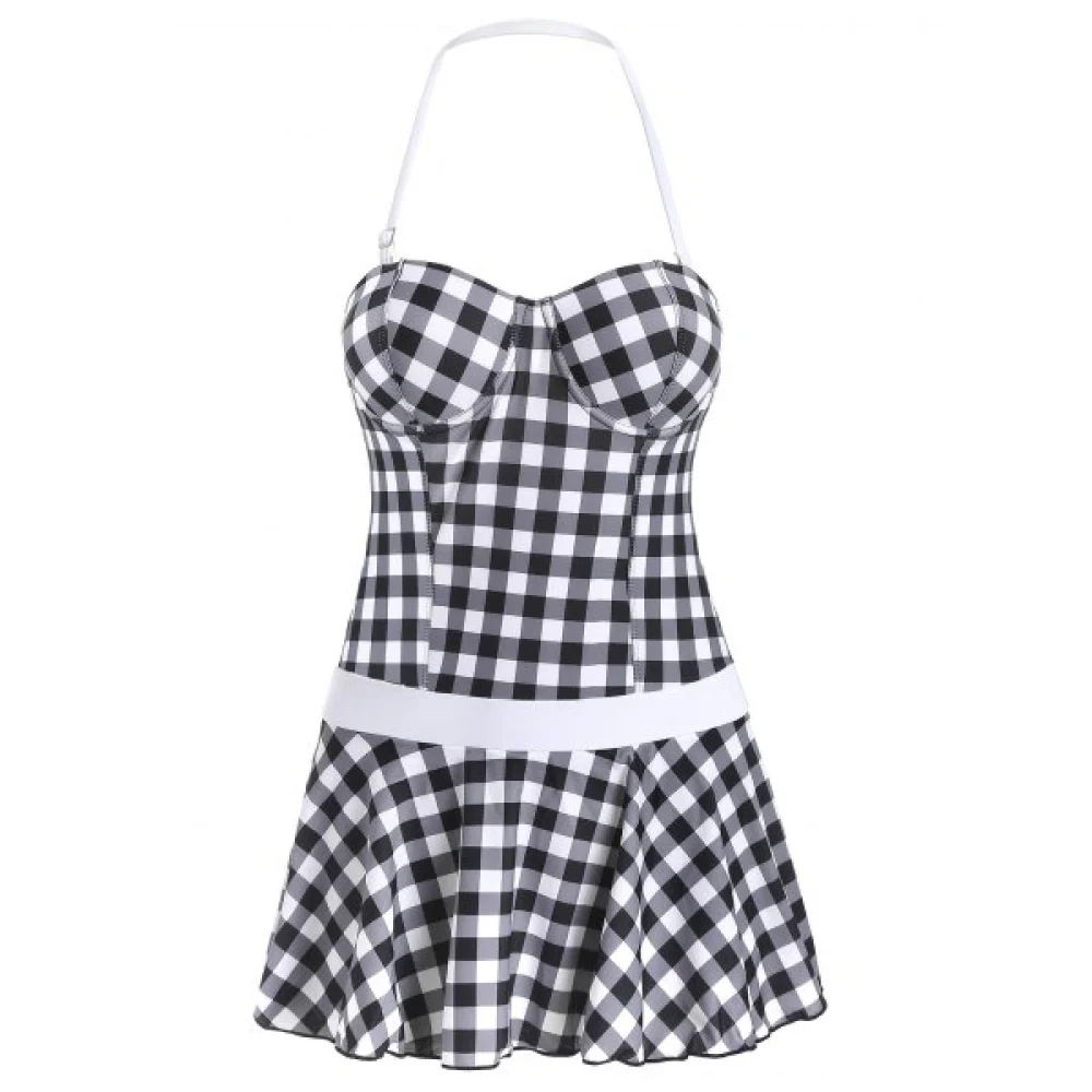Plaid Halter Padded Swimsuit - Black Fansmadedirect
