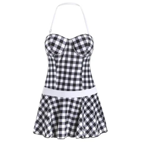 Plaid Halter Padded Swimsuit - Black Fansmadedirect