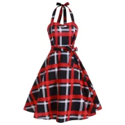 Plaid hirred Lace-up Halter Vintage Dress - Red Wine Fansmadedirect