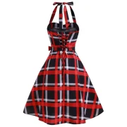 Plaid hirred Lace-up Halter Vintage Dress - Red Wine Fansmadedirect