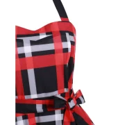 Plaid hirred Lace-up Halter Vintage Dress - Red Wine Fansmadedirect