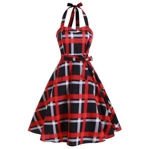 Plaid hirred Lace-up Halter Vintage Dress - Red Wine Fansmadedirect