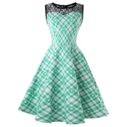 Plaid Lace Panel A Line Dress - Light Aquamarine Fansmadedirect