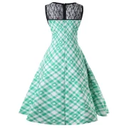 Plaid Lace Panel A Line Dress - Light Aquamarine Fansmadedirect