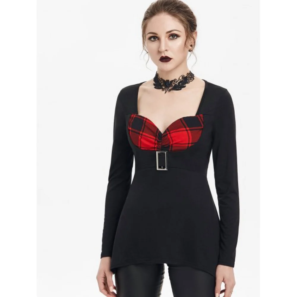 Plaid Panel weetheart Long leeve T-shirt - Red Wine Fansmadedirect