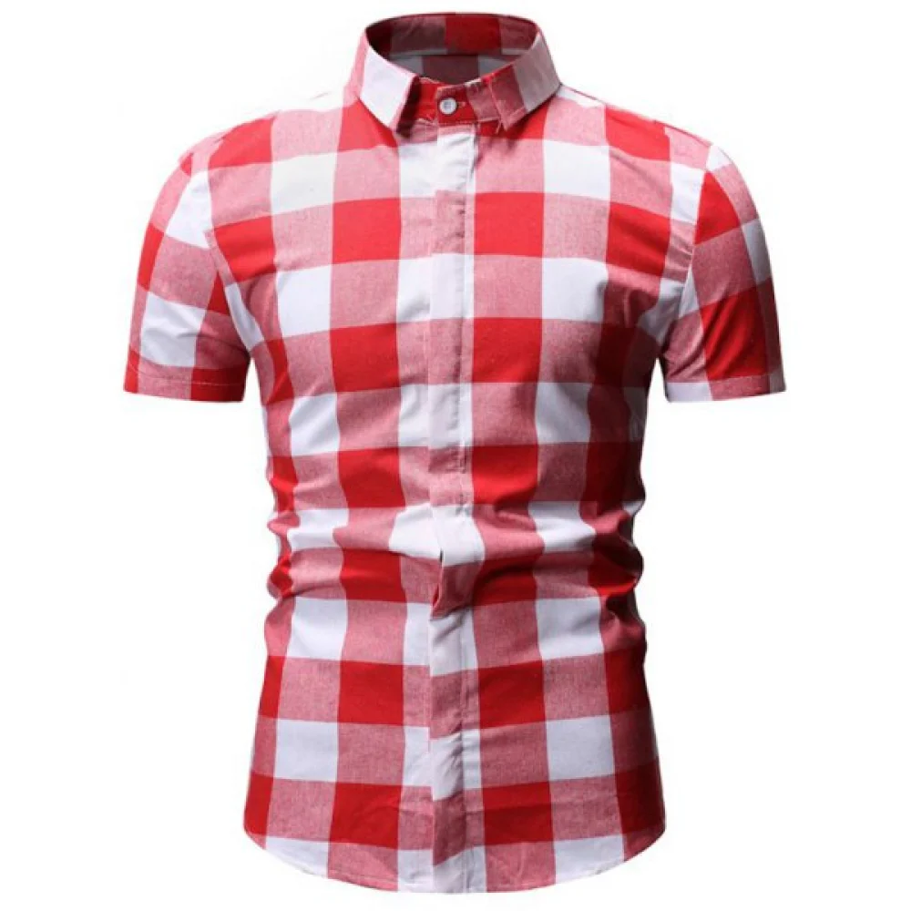 Plaid Print Button Down Short Sleeves Shirt - Red Fansmadedirect