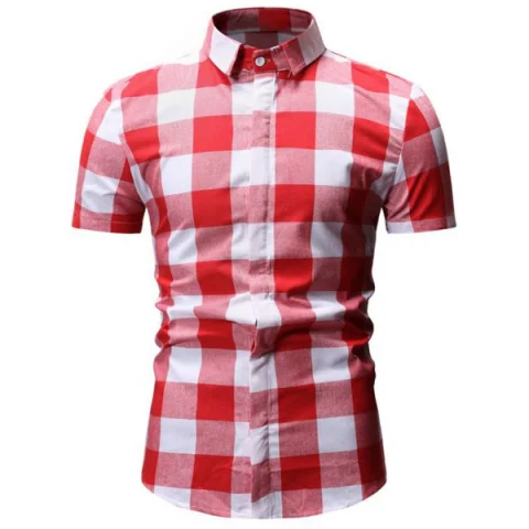 Plaid Print Button Down Short Sleeves Shirt - Red Fansmadedirect