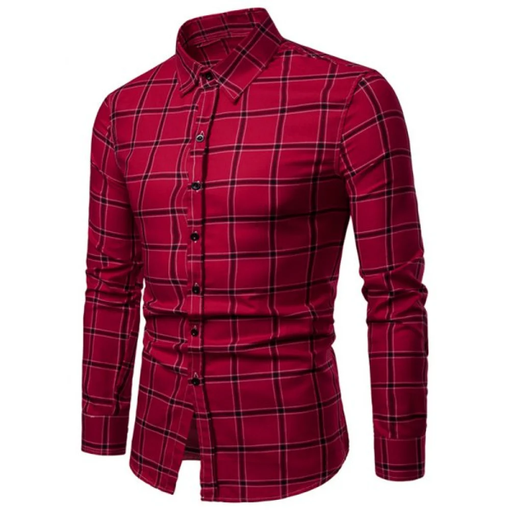 Plaid Print Button Up Long leeve hirt - Red Fansmadedirect