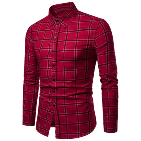 Plaid Print Button Up Long leeve hirt - Red Fansmadedirect
