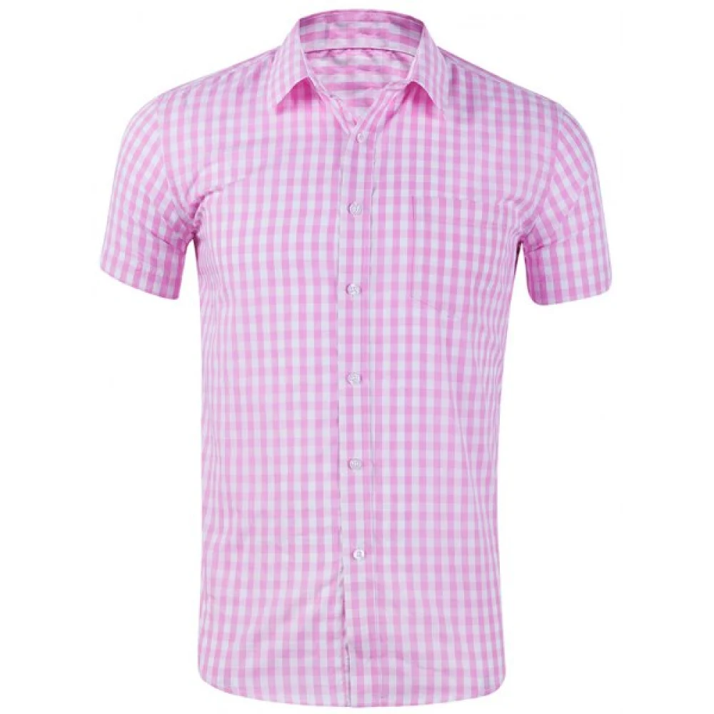 Plaid Print Pocket Decoration Short Sleeves Shirt - Pink Fansmadedirect