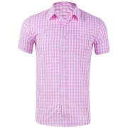 Plaid Print Pocket Decoration Short Sleeves Shirt - Pink Fansmadedirect