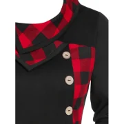 Plaid Print Ruffle Hem ock Button Tunic T-shirt - Black Fansmadedirect