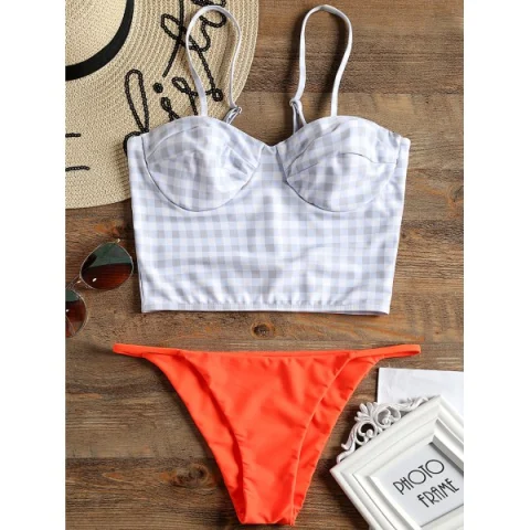 Plaid Underwire Bustier Bikini Set - Jacinth Fansmadedirect
