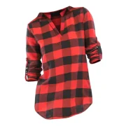 Plaid V Neck Roll Up Sleeve Blouse - Red Fansmadedirect