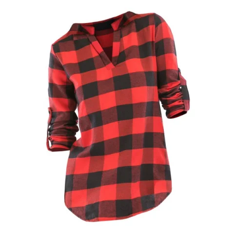 Plaid V Neck Roll Up Sleeve Blouse - Red Fansmadedirect