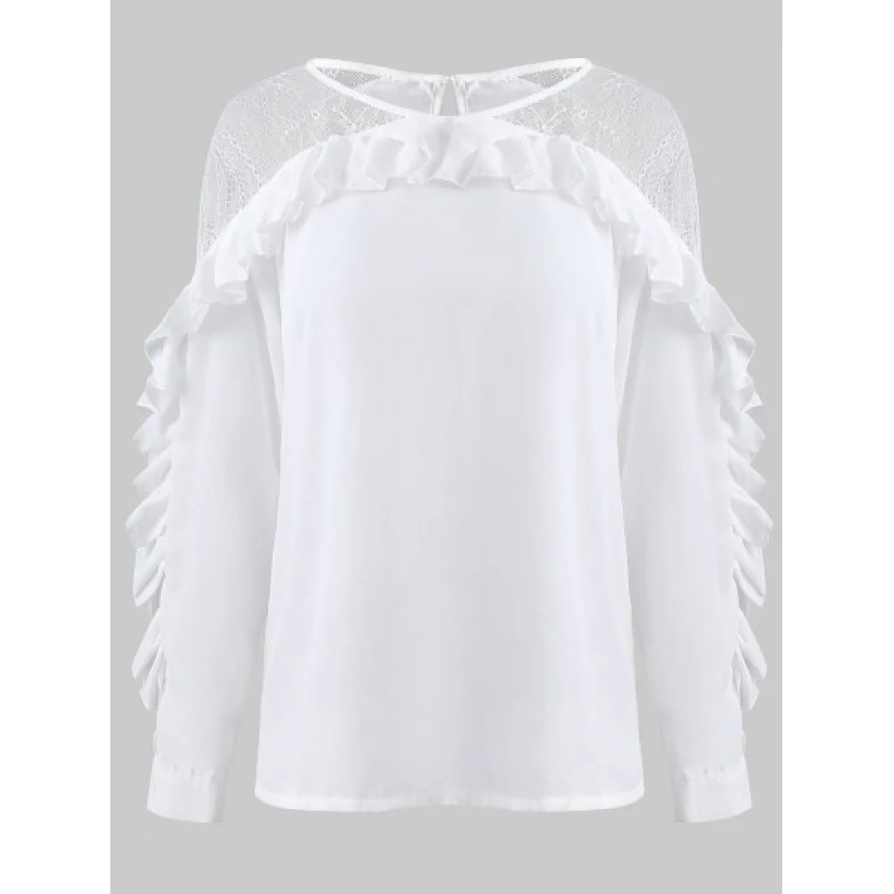 Plain Lace Panel Lettuce Trim Blouse - White Fansmadedirect