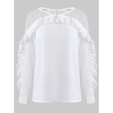 Plain Lace Panel Lettuce Trim Blouse - White Fansmadedirect