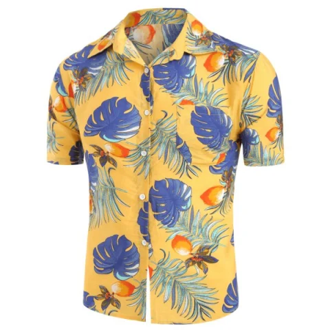 Plant Print Design Short Sleeves Shirt - Yellow Fansmadedirect