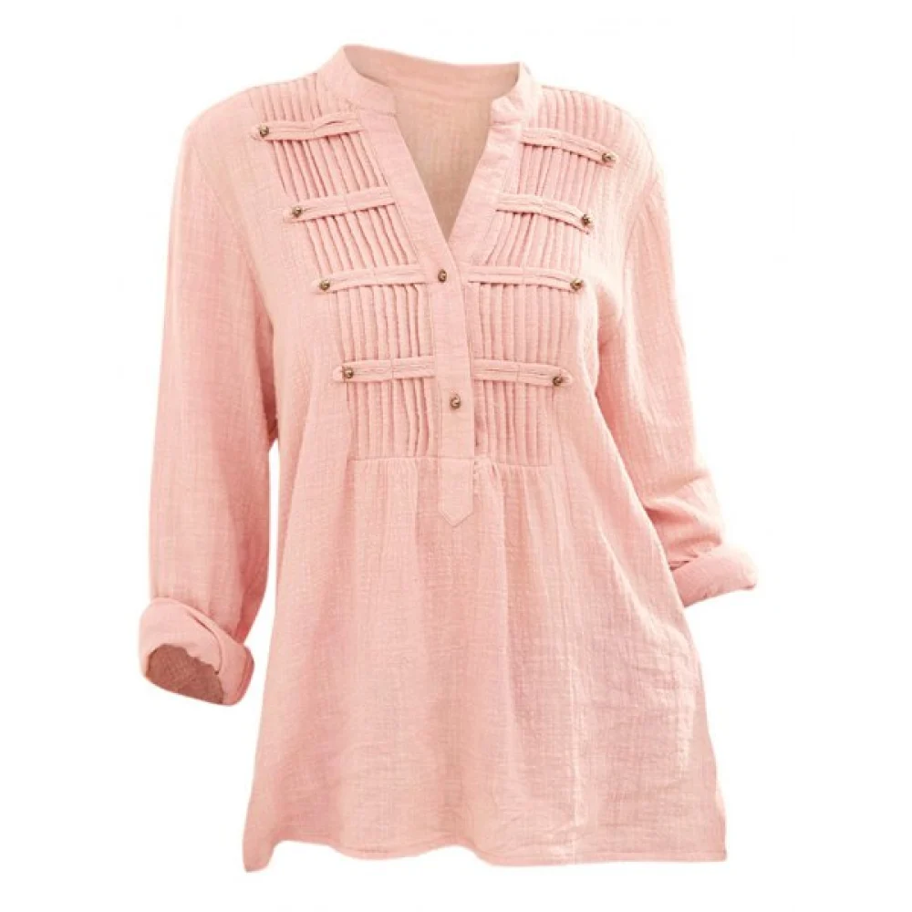 Pleated Buttons Long Sleeve Blouse - Light Pink Fansmadedirect